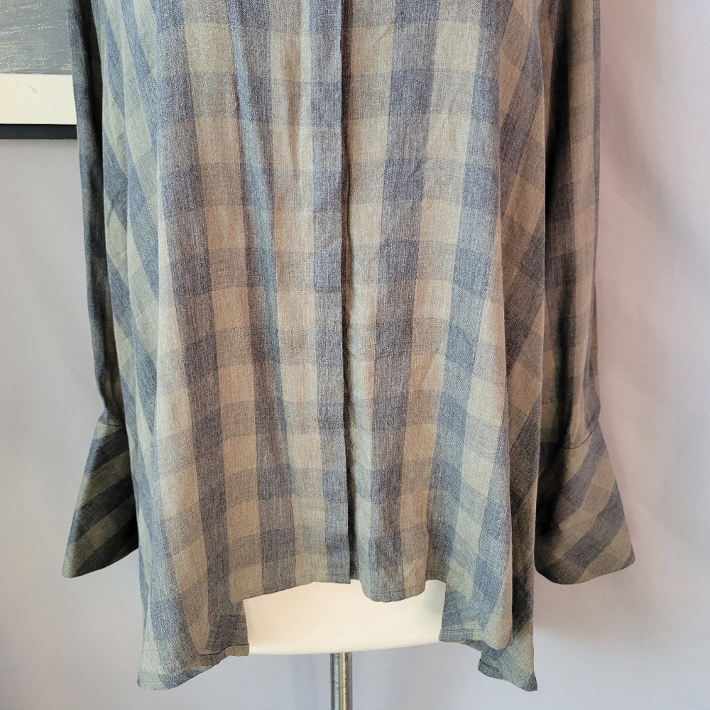 Hana San Oviv Khaki Check Button Up Shirt 38 6/8 M - Picture 6 of 14